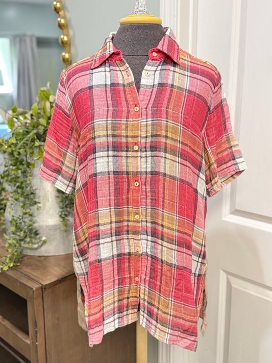 Womens Johnny Was Short Sleeve Flannel Tunic Small EUC