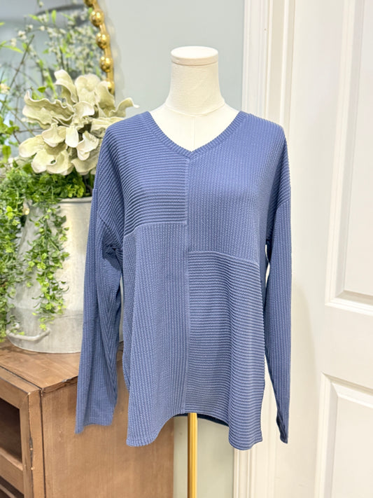 Womens Navy Ribbed Blouse Large EUC