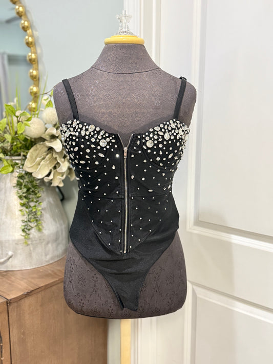 Womens Kiwi Black Studded Corset Bodysuit Medium