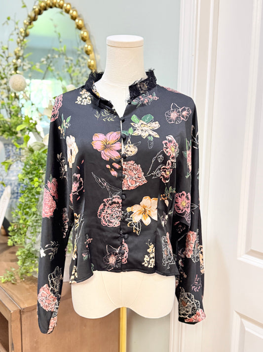 Womens Zara Black Satin Blouse Large EUC
