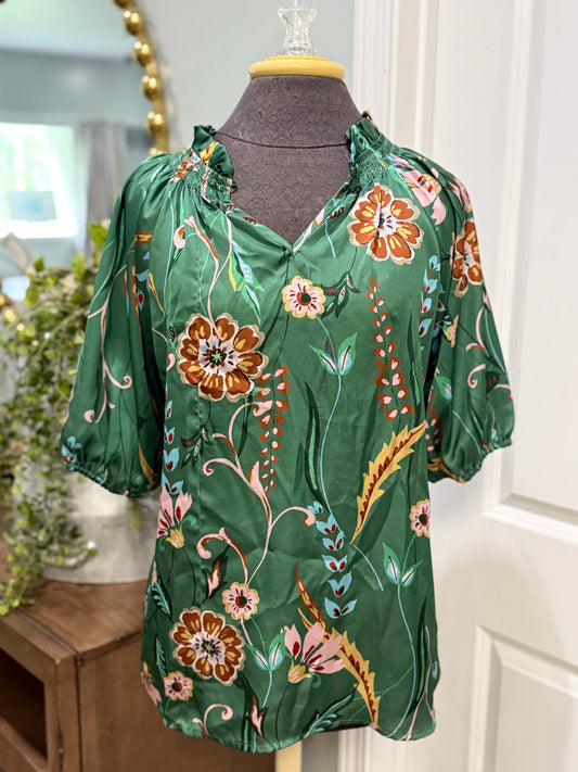 Womens Green Satin Floral Blouse Medium EUC