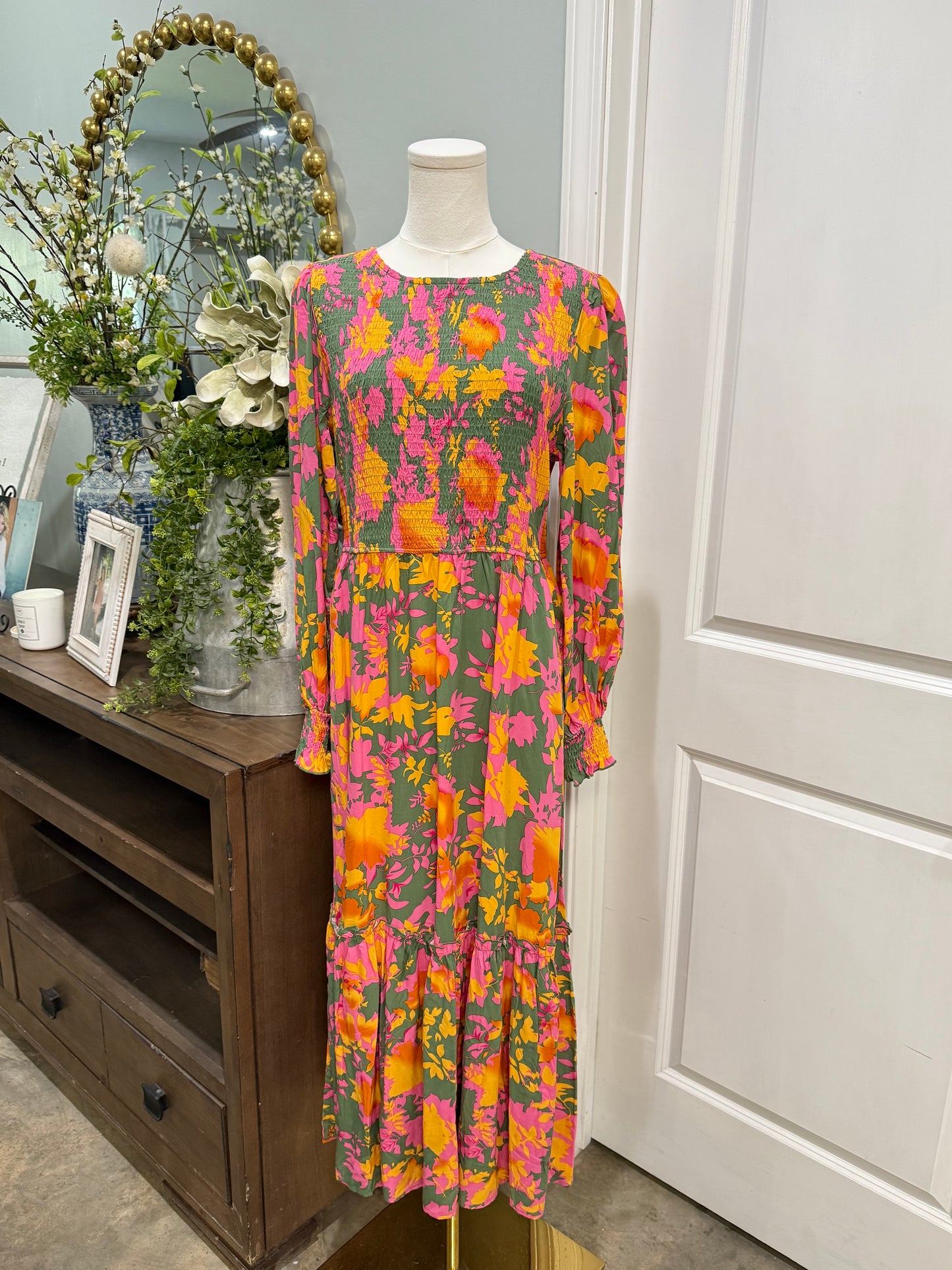 Womens Green Floral Smocked Maxi Dress Large NWOT