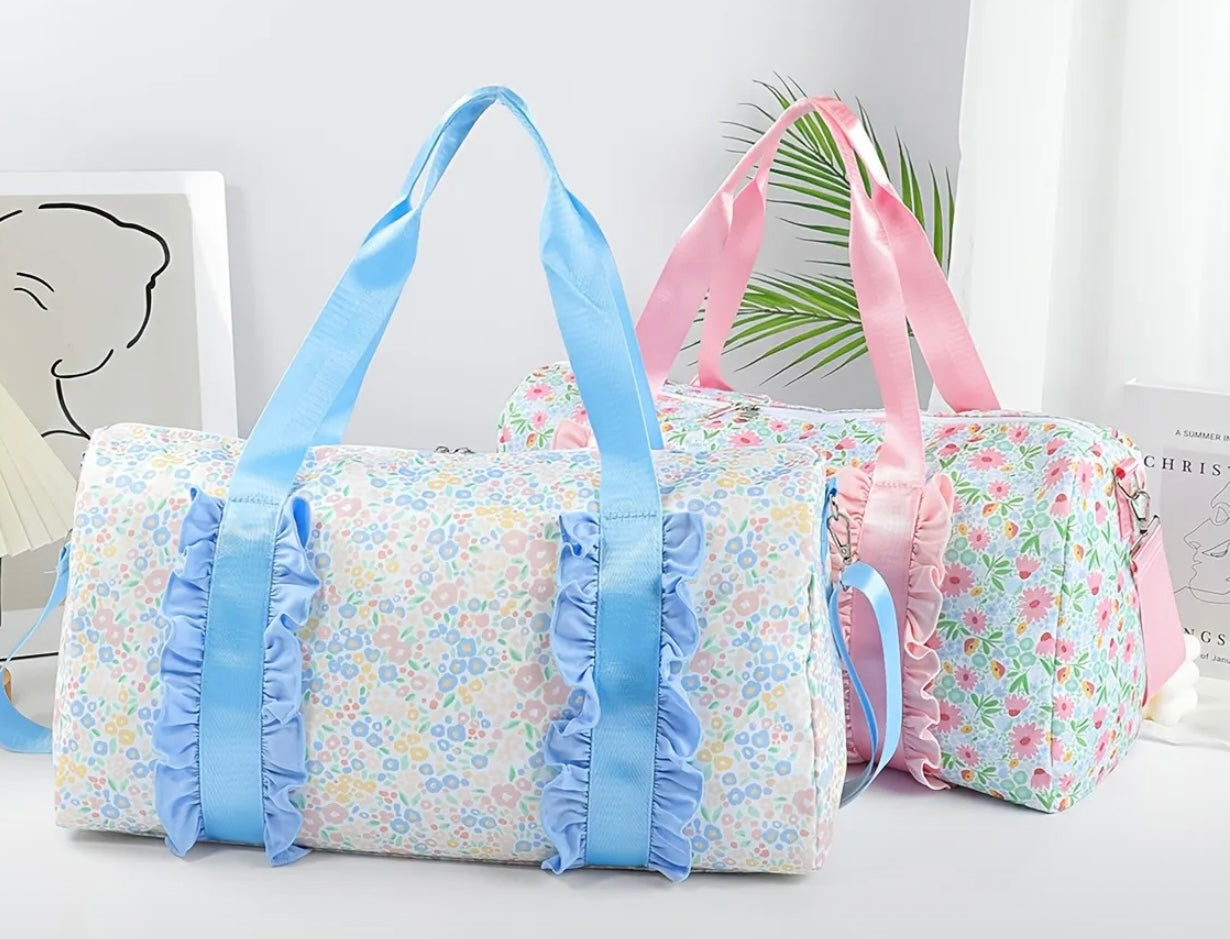 BLUE Chic Floral Overnight Duffle Bag with Ruffle Trim