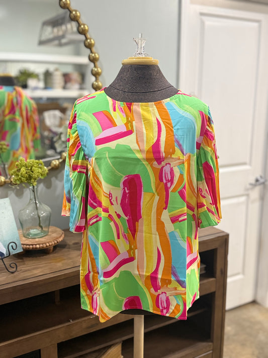 Womens Pleated Abstract Blouse Large NWOT