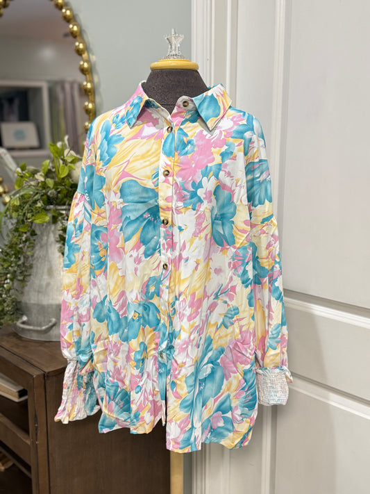 Womens Smocked Sleeve Floral Blouse Medium-XL