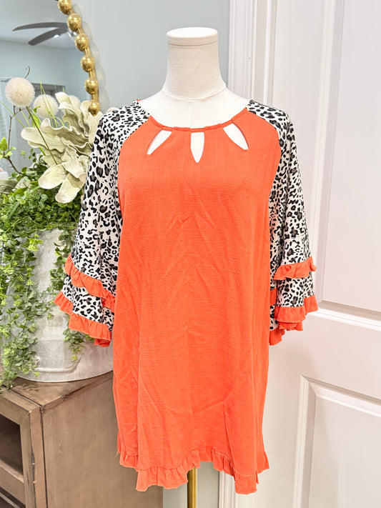 Womens Orange Linen Leopard Blouse Large EUC
