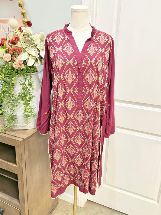 Womens Burgundy Embroidered Tunic Large EUC