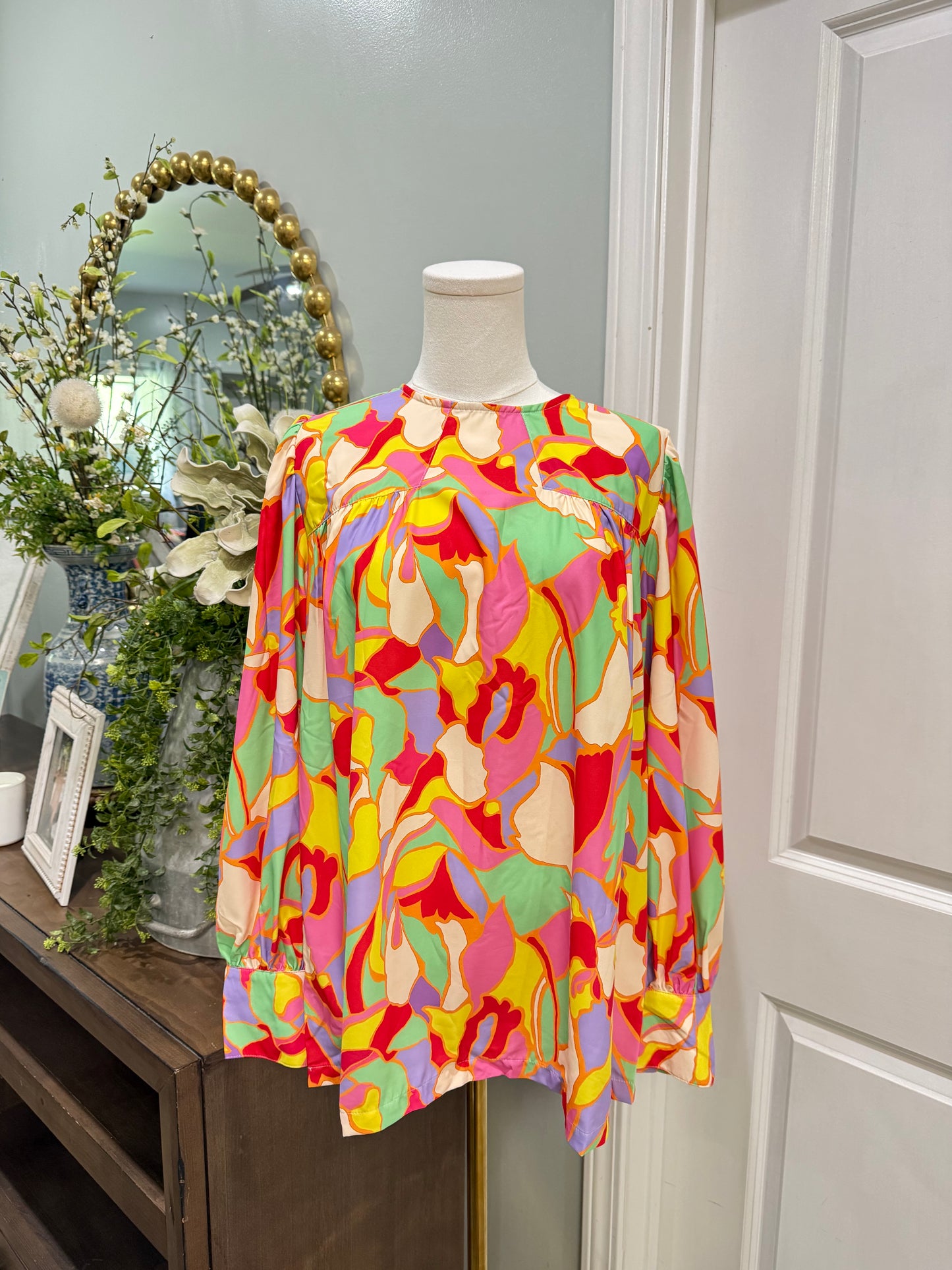 Womens Colorful Smocked Sleeve Blouse Large NWOT
