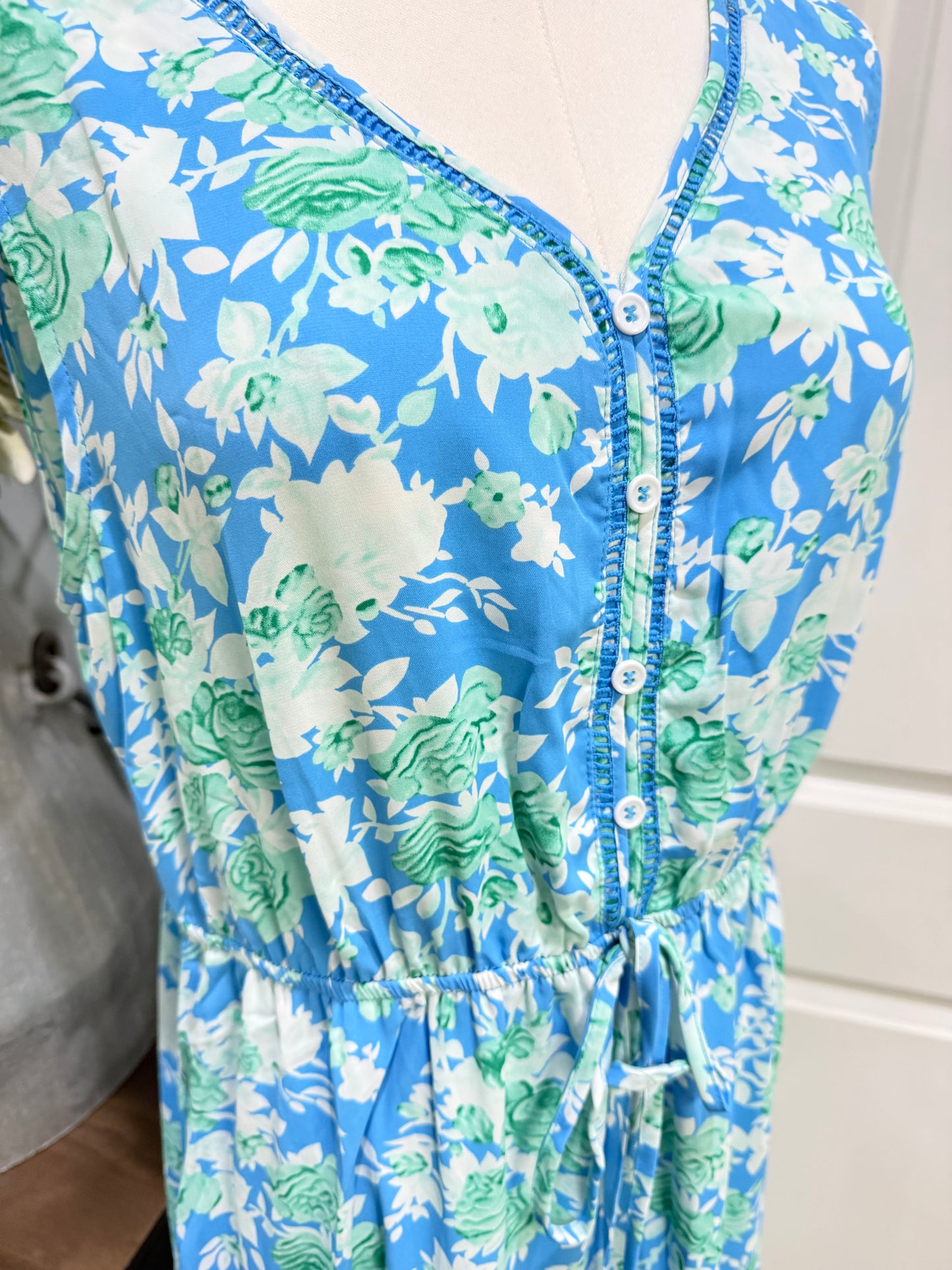 Womens Green & Blue Floral Maxi Dress Large EUC
