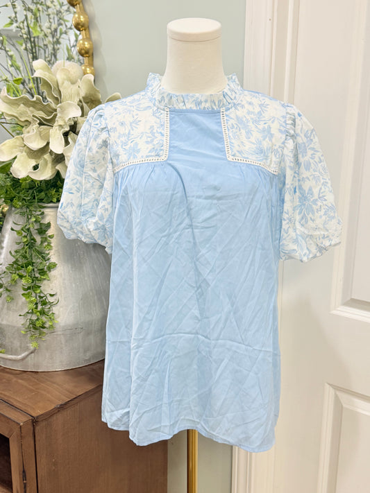 Womens Blue Puff Sleeve Blouse Large *Defect*