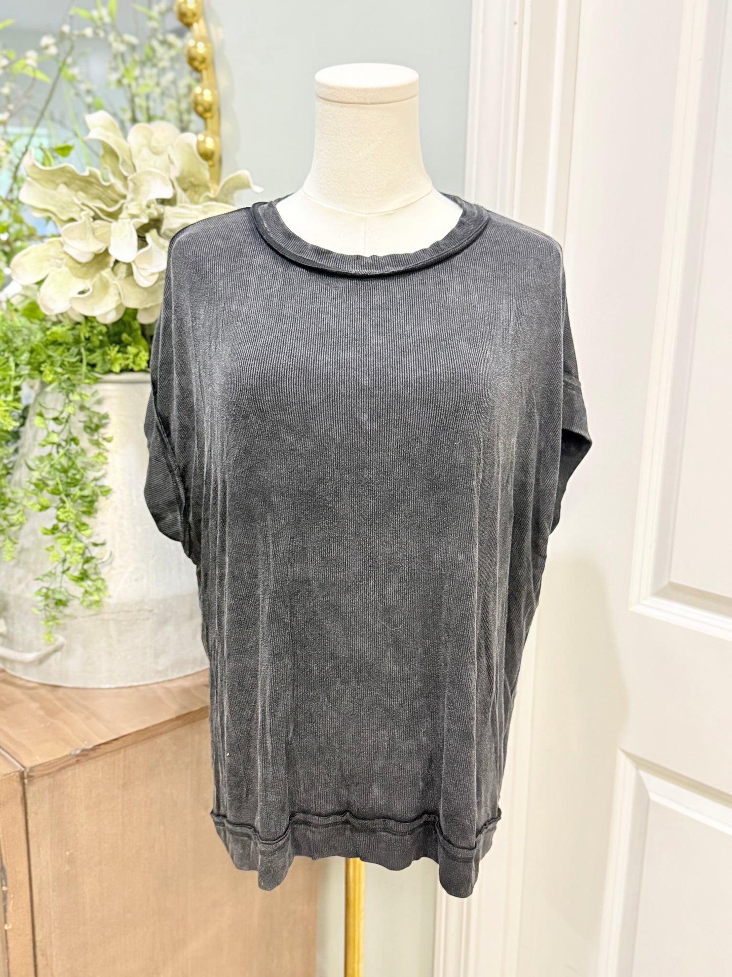 Womens Sewn+Seen Ribbed Black Blouse Medium EUC