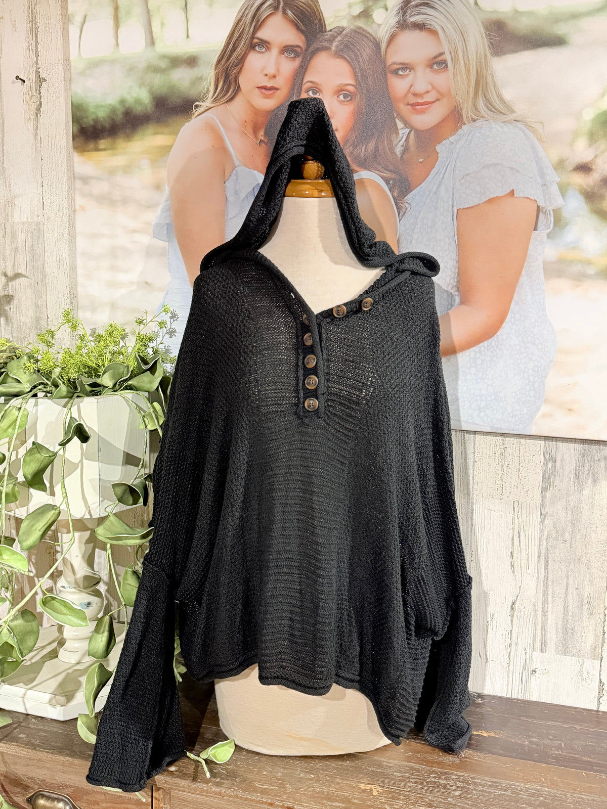 Womens Black Knitted Hoodie Oversized Pullover Medium EUC