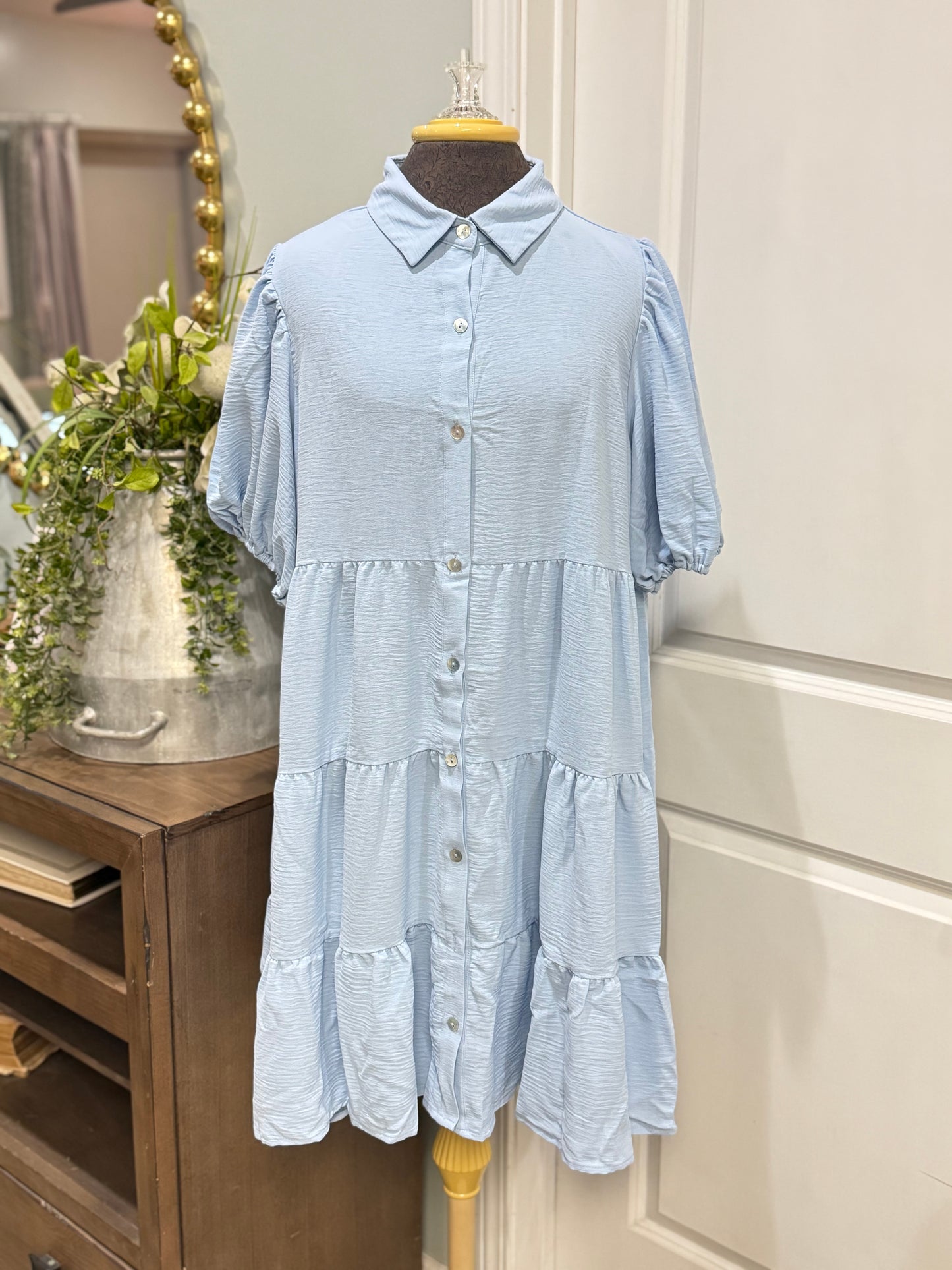 Womens Beau Blue Shirt Puff Sleeve Tiered Dress S-XL NEW