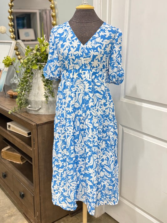 Womens Blue Floral Puff Sleeve Dress Small & Medium NEW