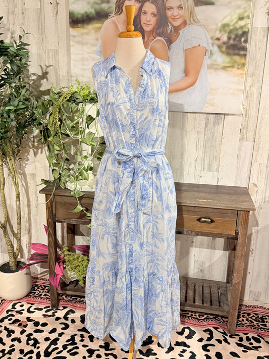 Womens Blue & White Floral Maxi Dress XL EUC