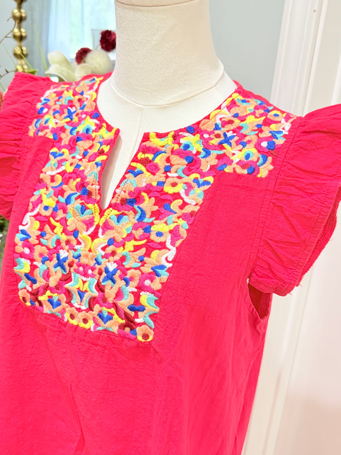 Womens Red Embroidered Dress Large EUC