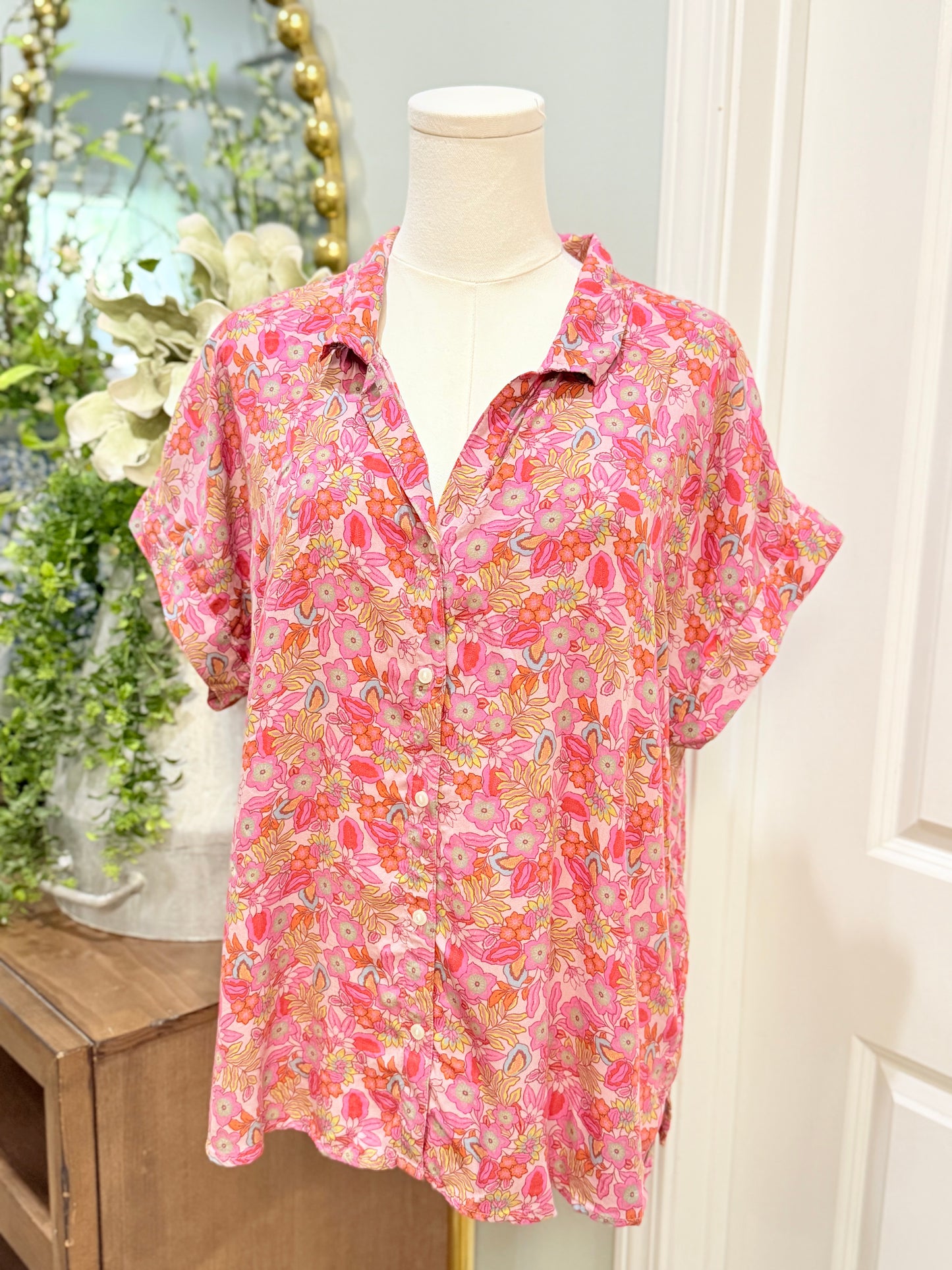 Womens Lucky Brand Pink Floral Blouse Large EUC