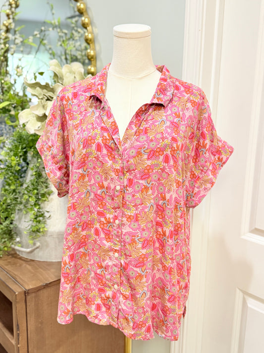 Womens Lucky Brand Pink Floral Blouse Large EUC