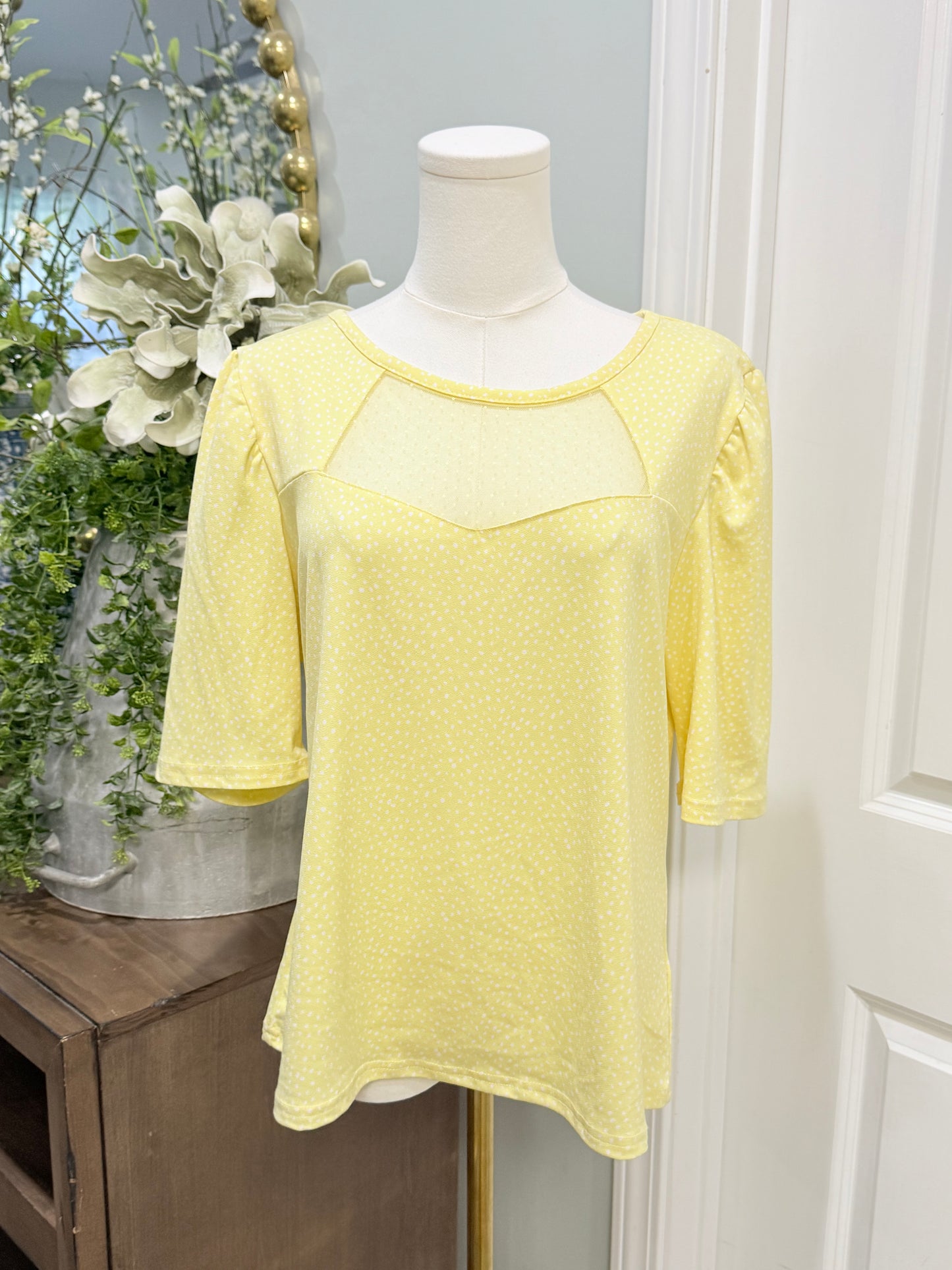Womens Luxology Yellow Polka Dot Blouse Large EUC