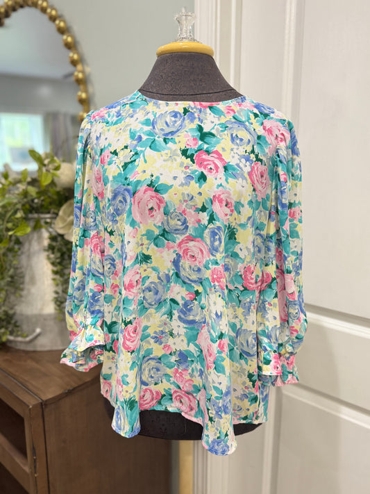 Womens Andree Floral Ruffle Sleeve Blouse Large EUC
