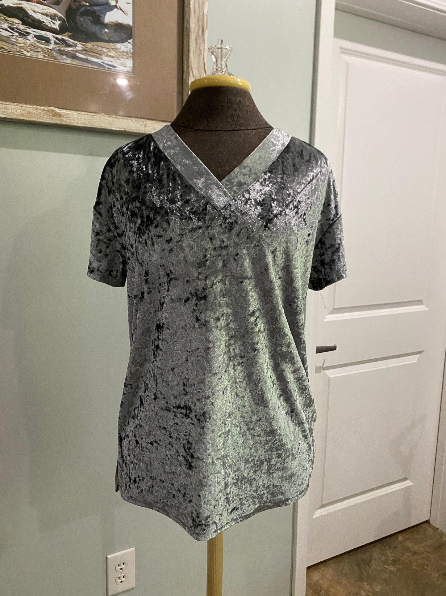 Womens Grey Crushed Velvet Blouse Size Small