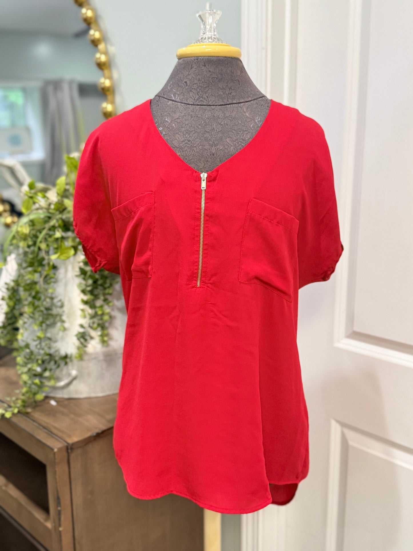 Womens Red Front Zip Carmela Blouse Large