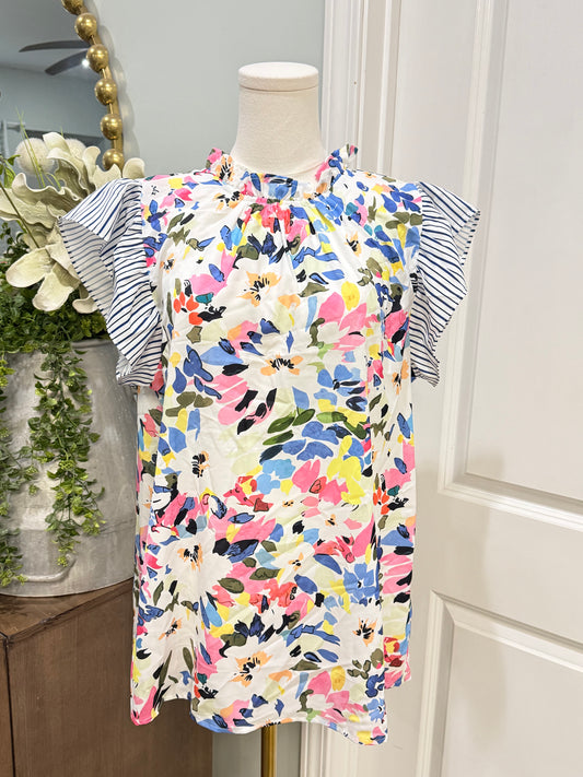 Womens Flutter Sleeve Floral Blouse Large EUC