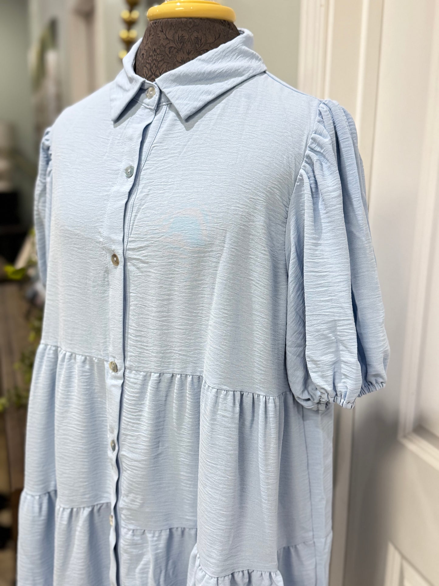 Womens Beau Blue Shirt Puff Sleeve Tiered Dress S-XL NEW