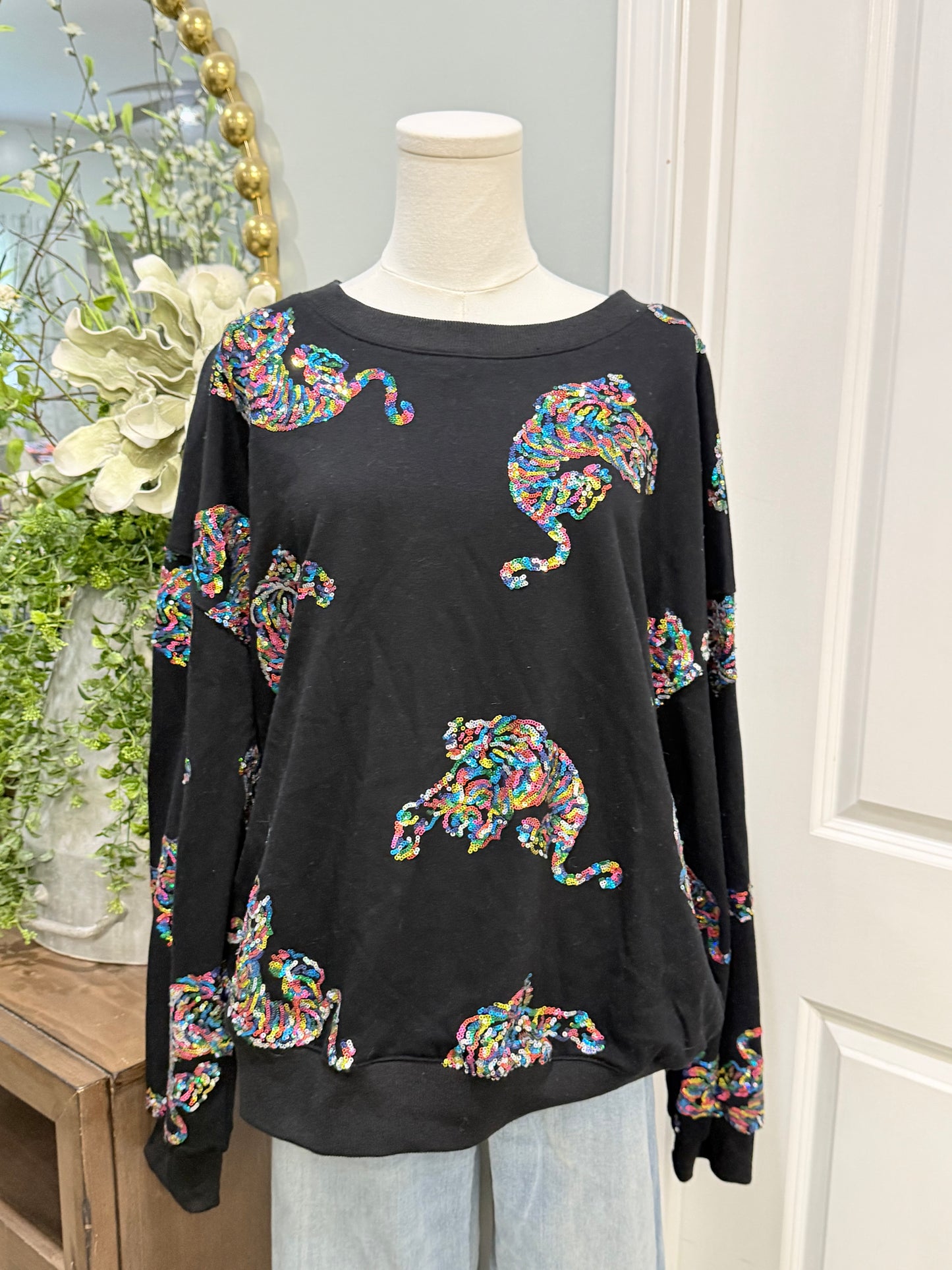 Womens Fantastic Fawn Sequin Tiger Sweatshirt Large EUC