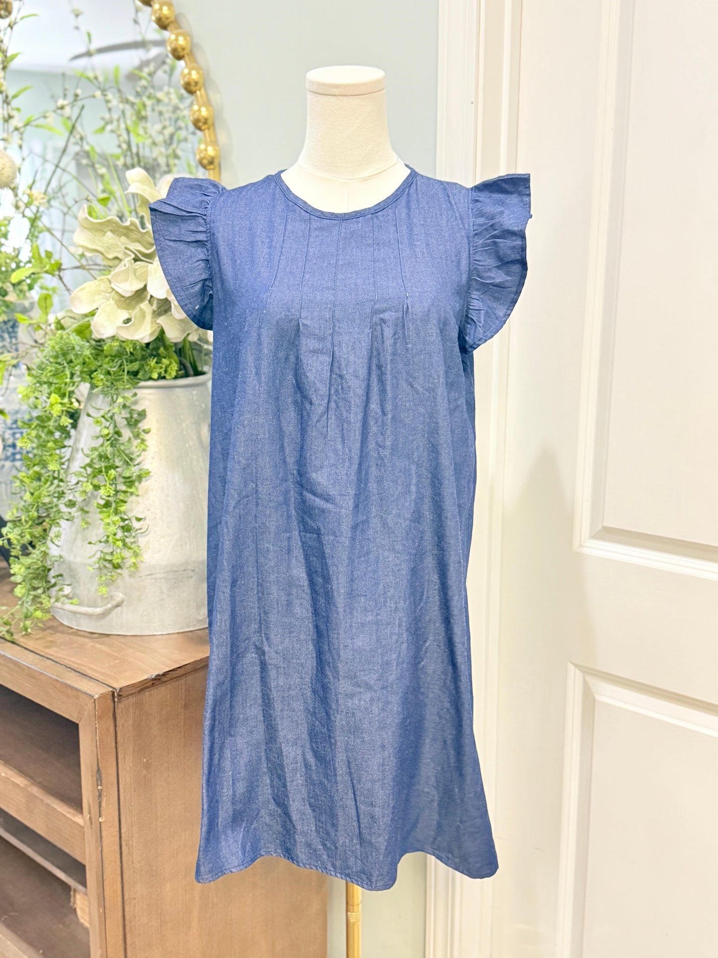 Womens Coco Main Denim Flutter Sleeve Dress Large EUC