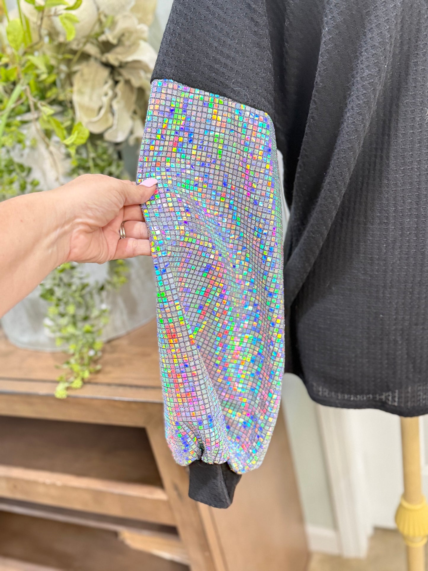 Womens BiBi Sequin Sleeve Blouse Large