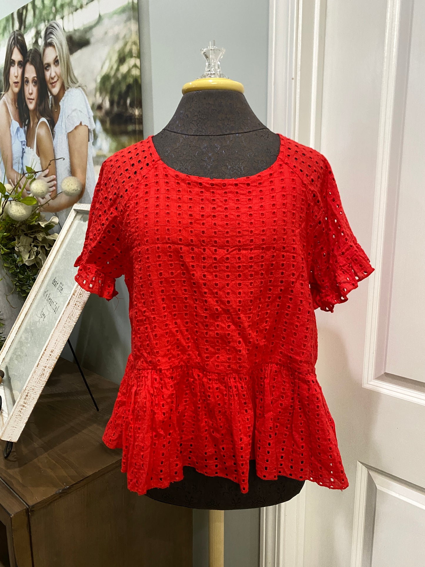 Womens Allie Rise Red Eyelet Blouse Size Large