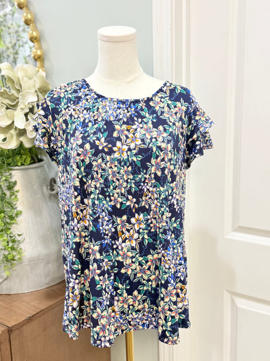 Womens Fyve Navy Floral Blouse Large EUC