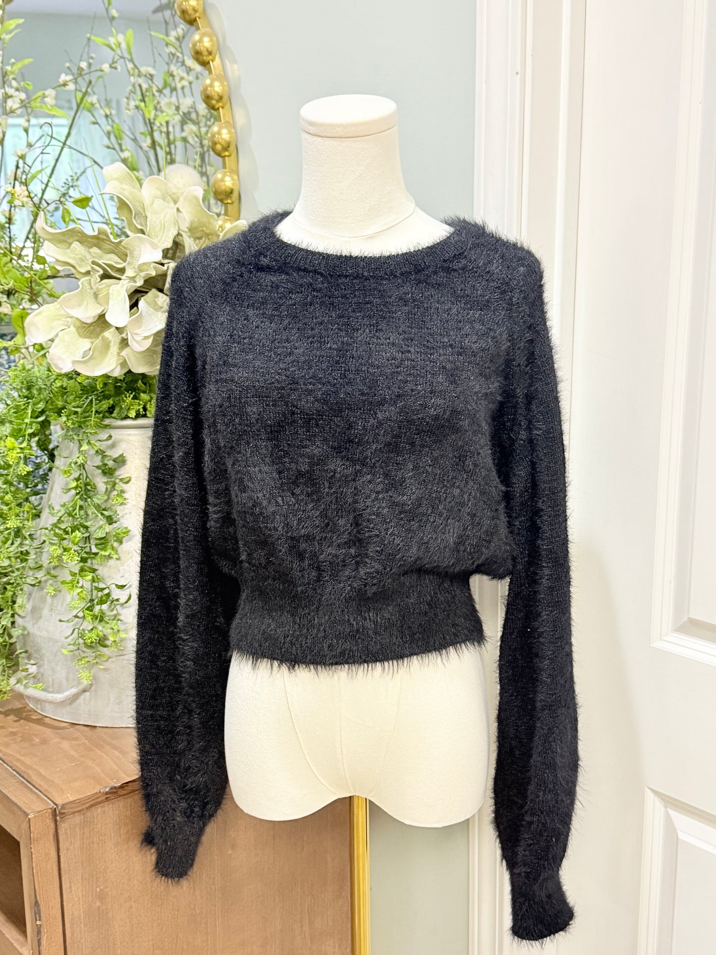 Womens Olivaceous Black Fuzzy Sweater Large NWT $46