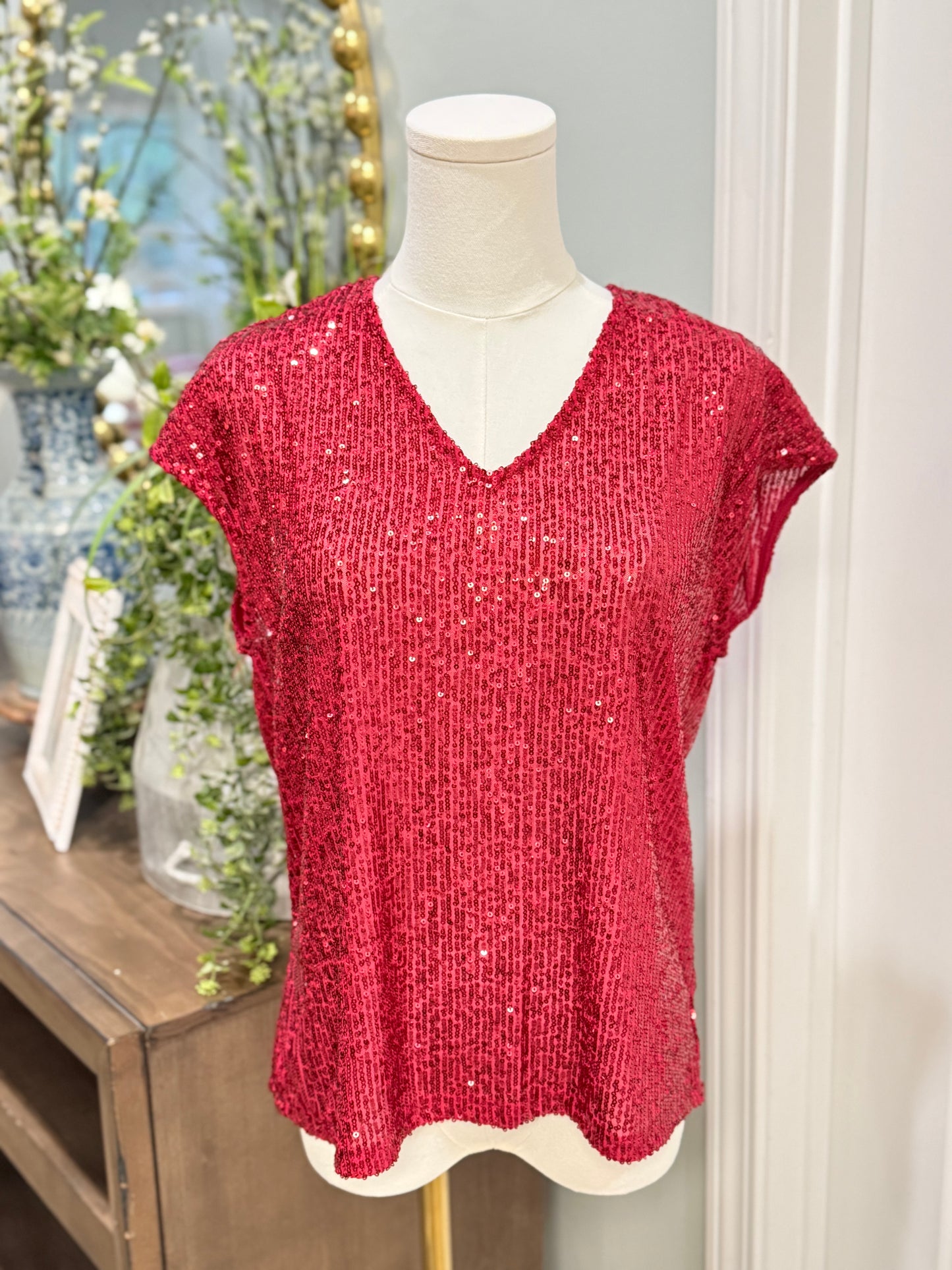 Womens Red Sequin Blouse Small EUC