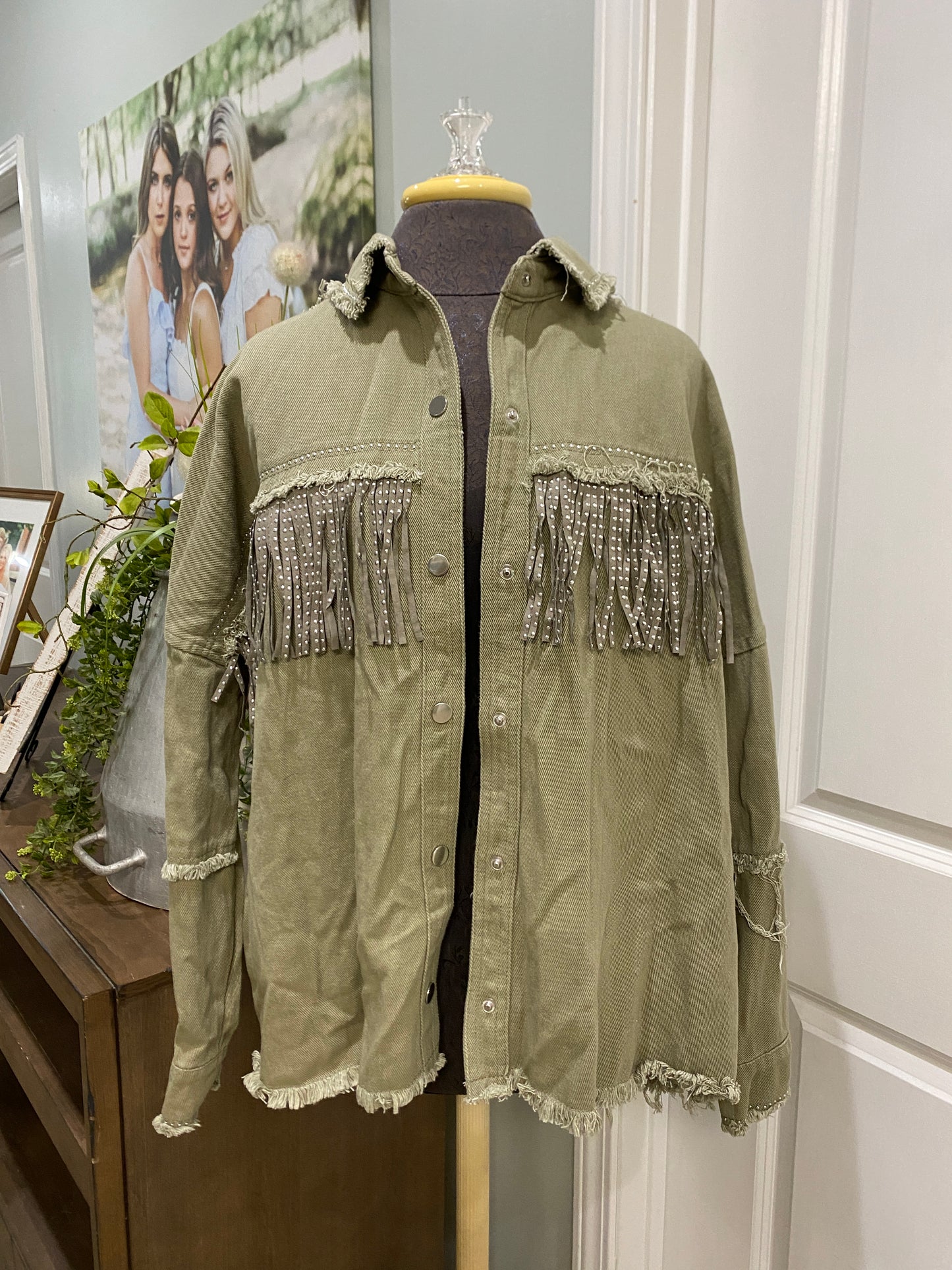 Womens NWT Blue B Olive Denim Fringe Jacket Large