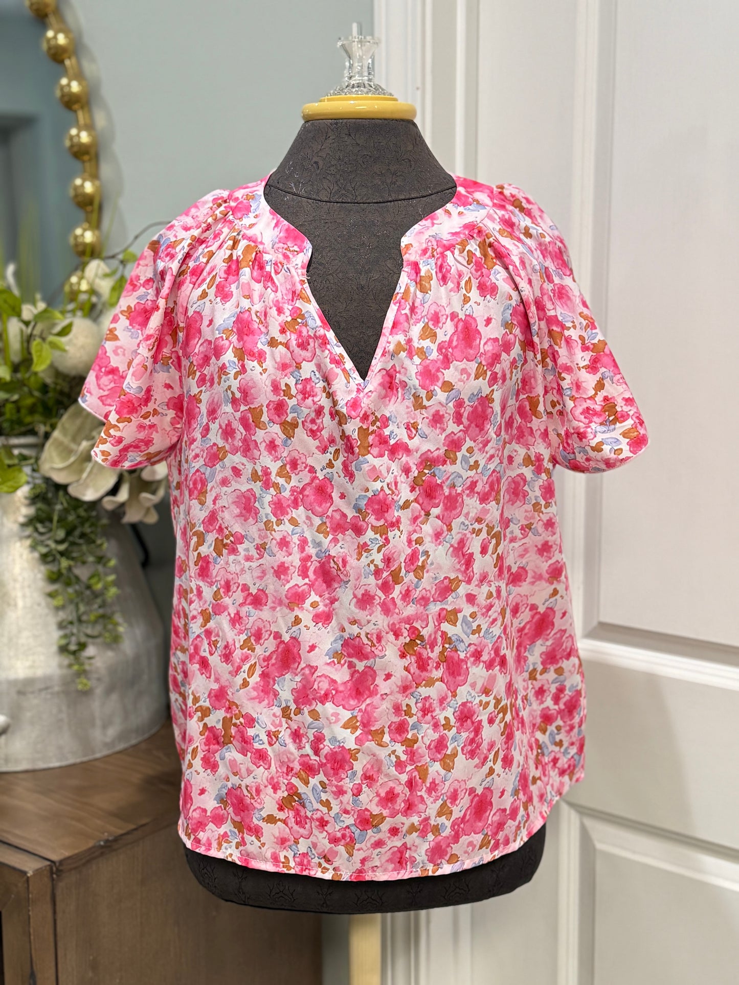 Womens Pink Floral Blouse Large EUC