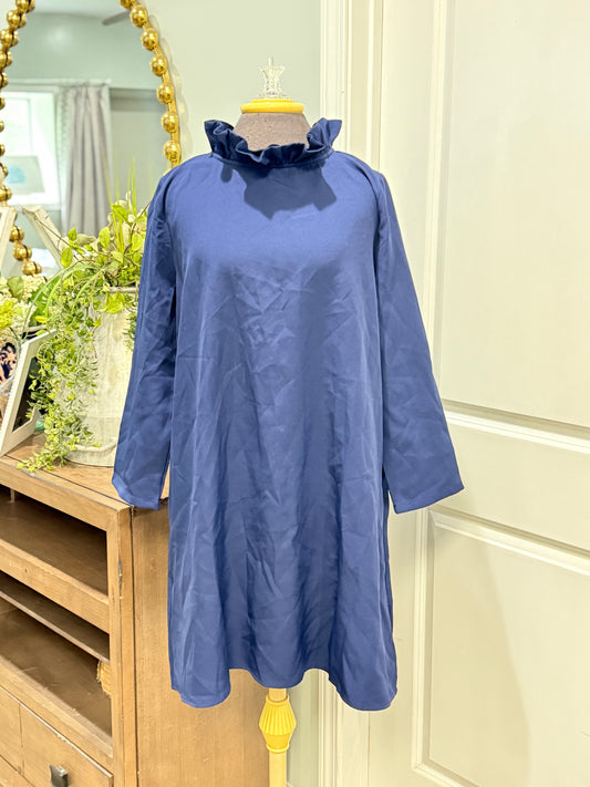 Womens Navy Ruffle Neck Dress XL EUC