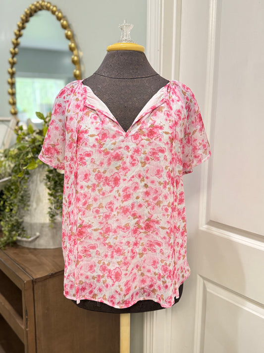 Womens Pink Floral Blouse Medium EUC