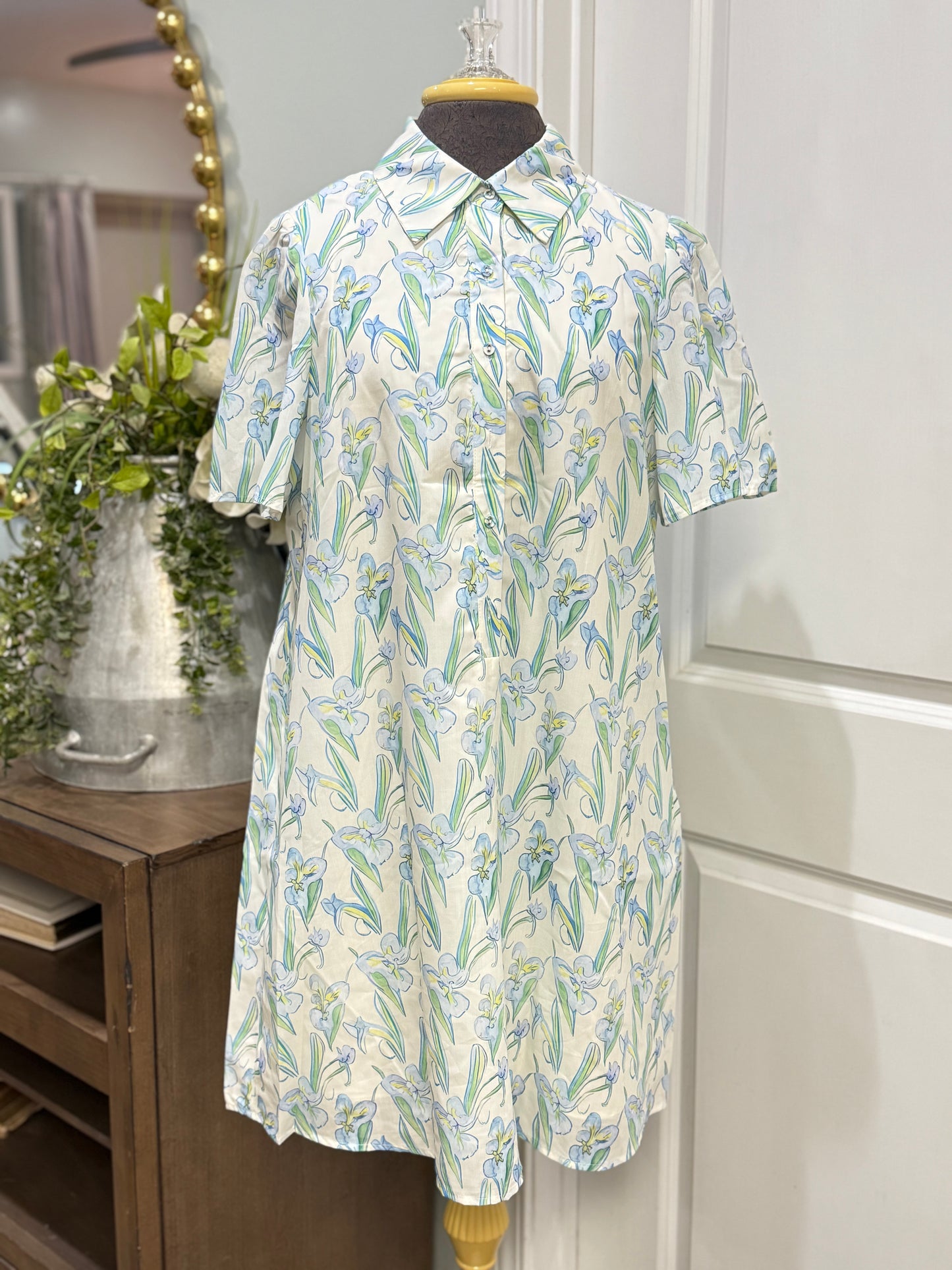 Womens Green Floral Collard Dress Small-XL NEW