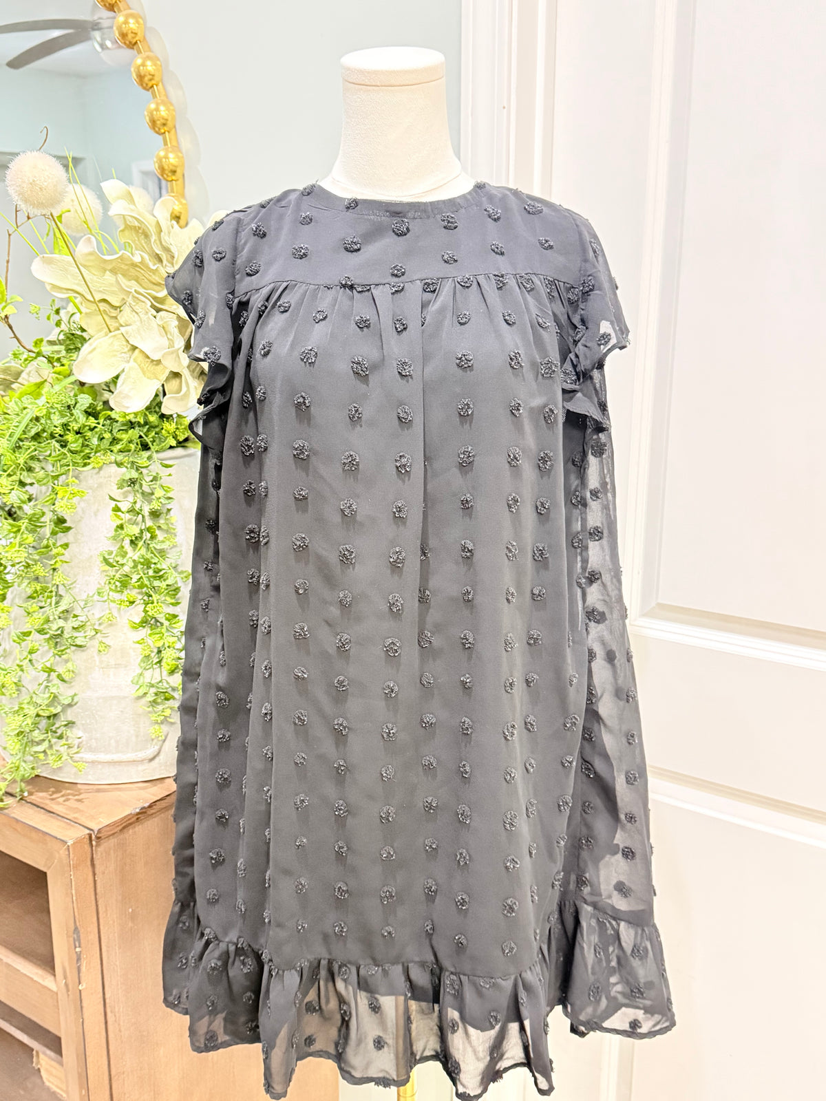 Womens &Merci Black Swiss Dot Dress Large EUC