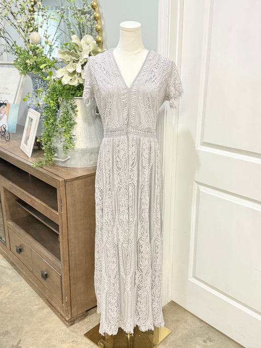 Womens Grey Lace Overlay Dress Large EUC