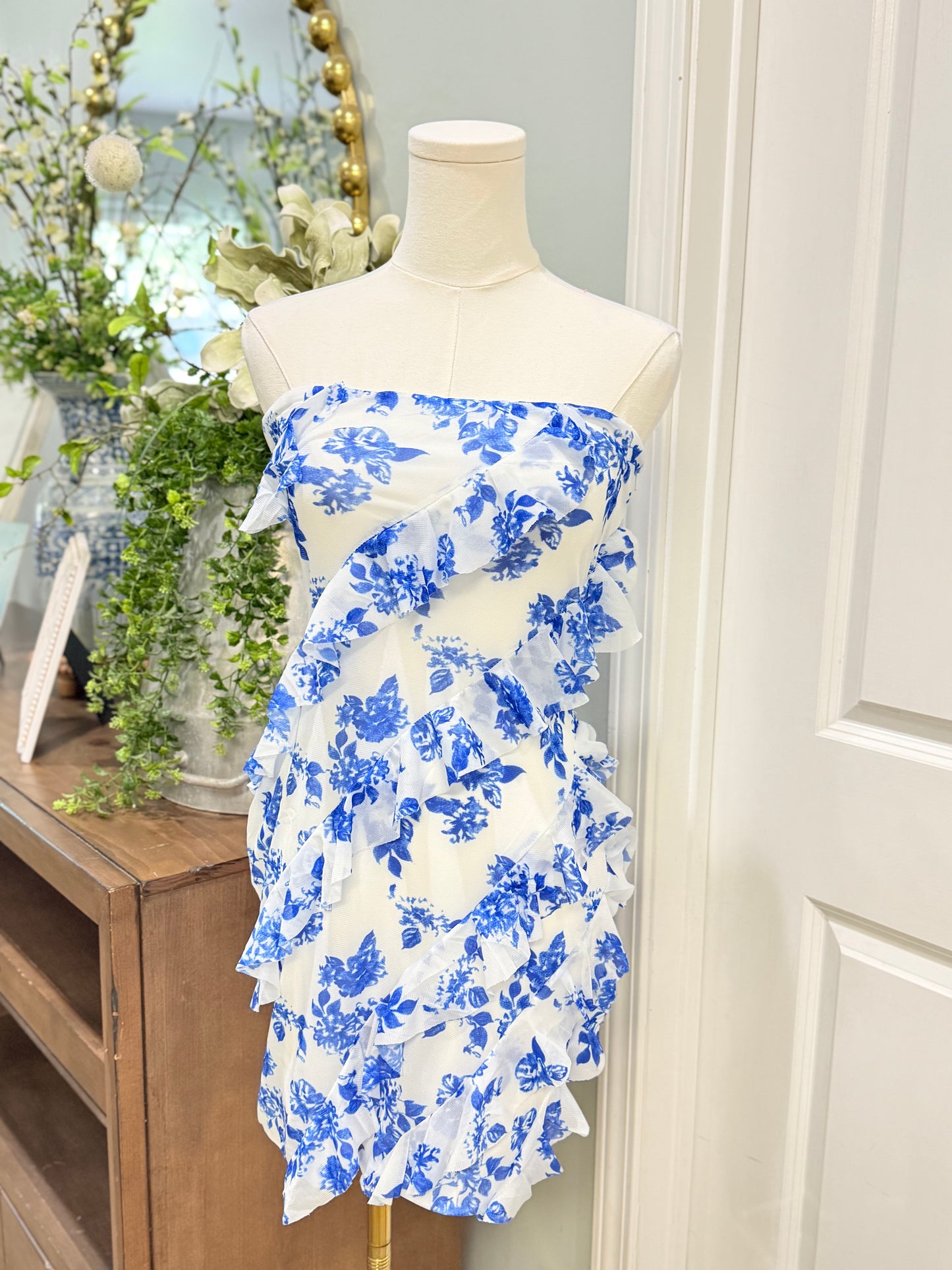 Womens Strapless Blue & White Floral Dress Large NWOT