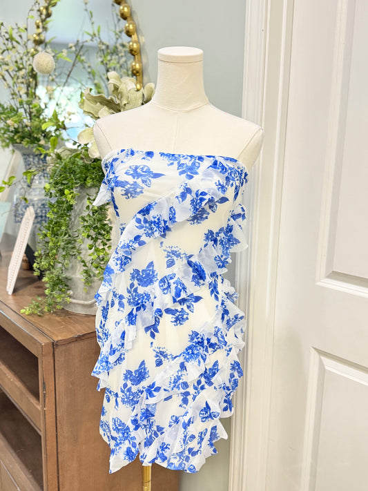 Womens Strapless Blue & White Floral Dress Large NWOT