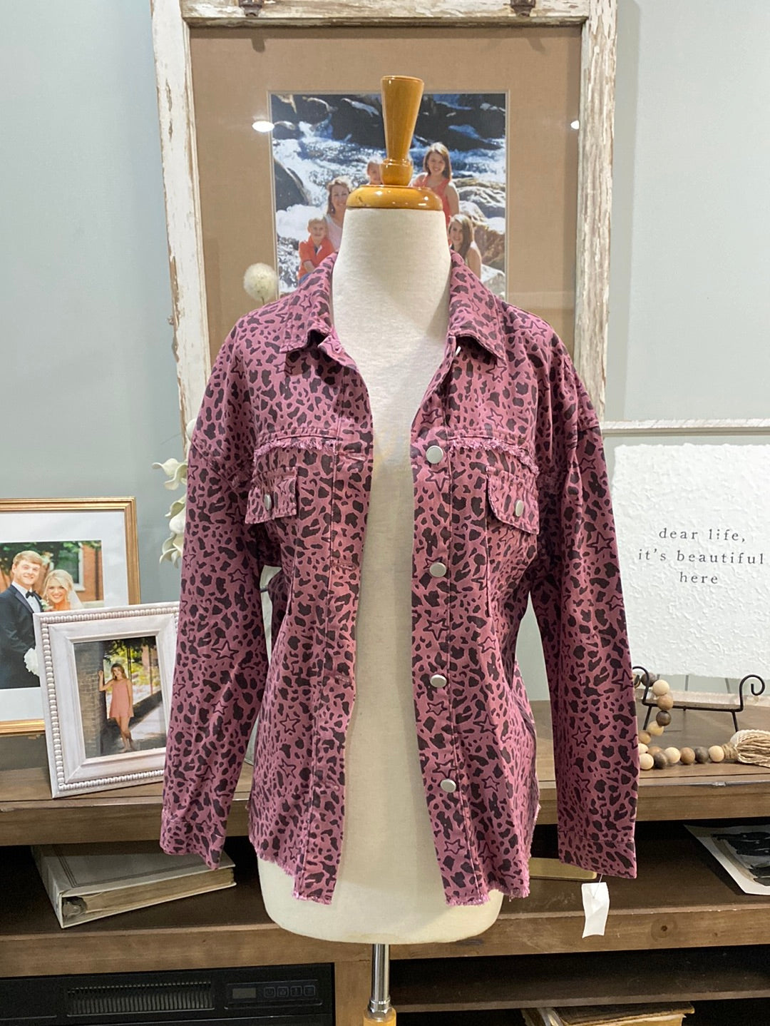 Womens Pink Denim Leopard Jacket Medium MARKDOWN