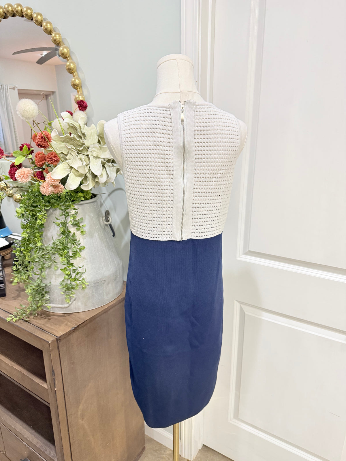 Womens Navy & White Knee Length Hamptons Dress Large EUC