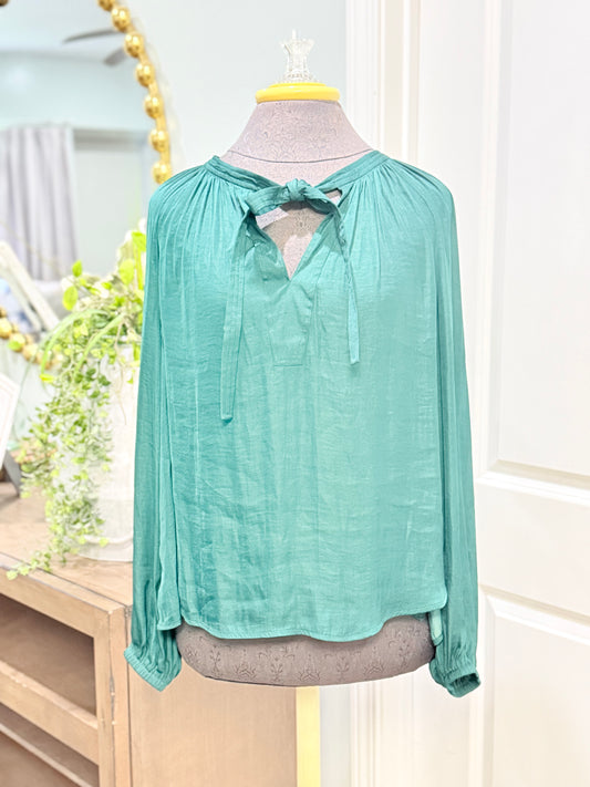 Womens Green Satin Long Sleeve Blouse Medium EUC