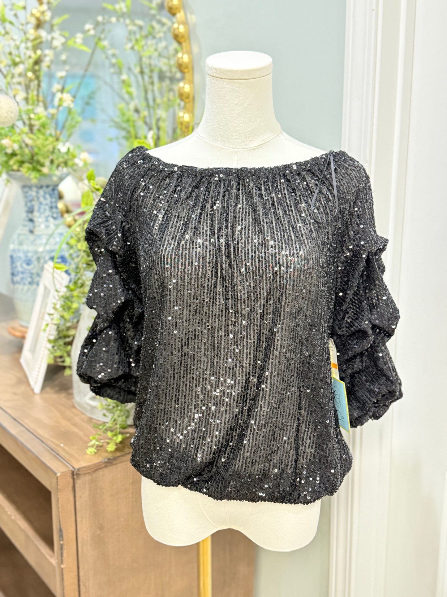 Womens Black Sequin 3/4 Sleeve Blouse Small NWT