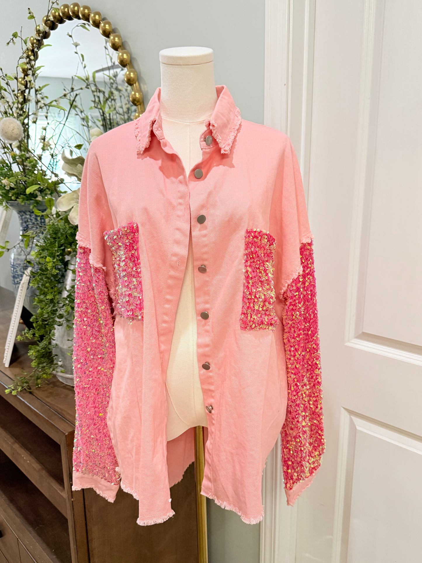 Womens Pink Denim Jacket with Sequin Sleeves Small EUC