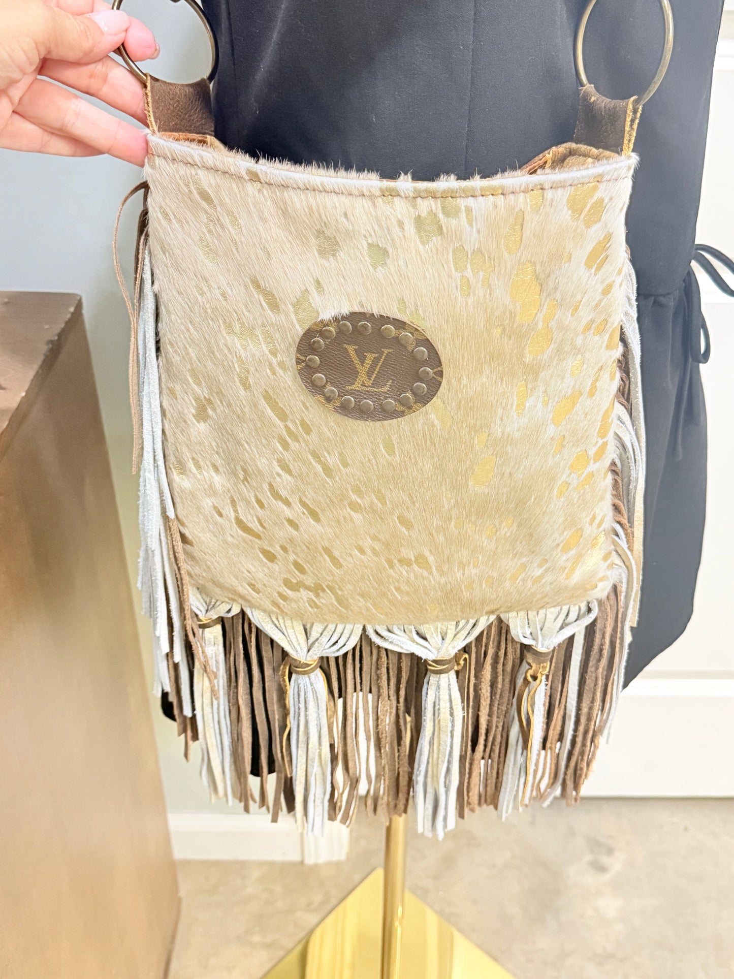 Keep It Gypsy Leather Leopard Print Upcycled Purse - Fur On Fringe Crossbody Tan